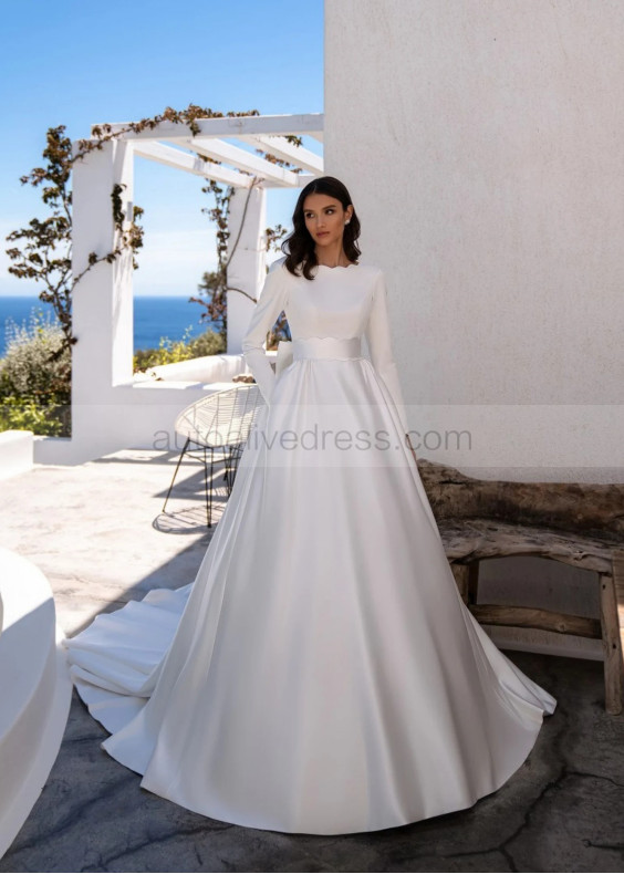 Long Sleeves Ivory Satin Open Back Minimalist Wedding Dress